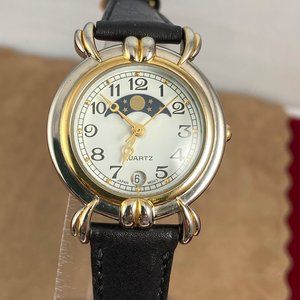 Vintage Avon Silver and Gold Tone Moon Phase Gold Tone Watch Black Strap